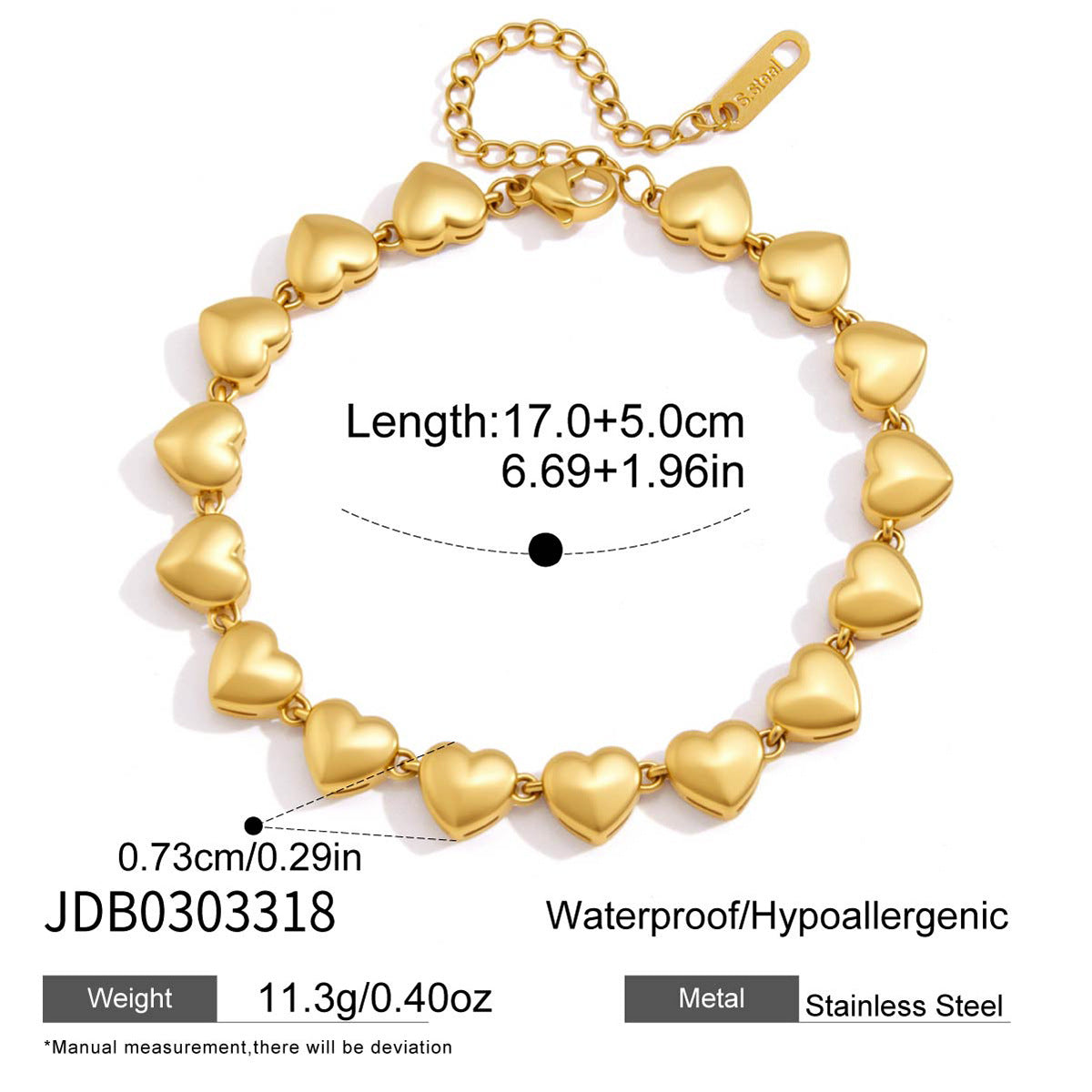 Stainless steel heart-link bracelet size and weight reference