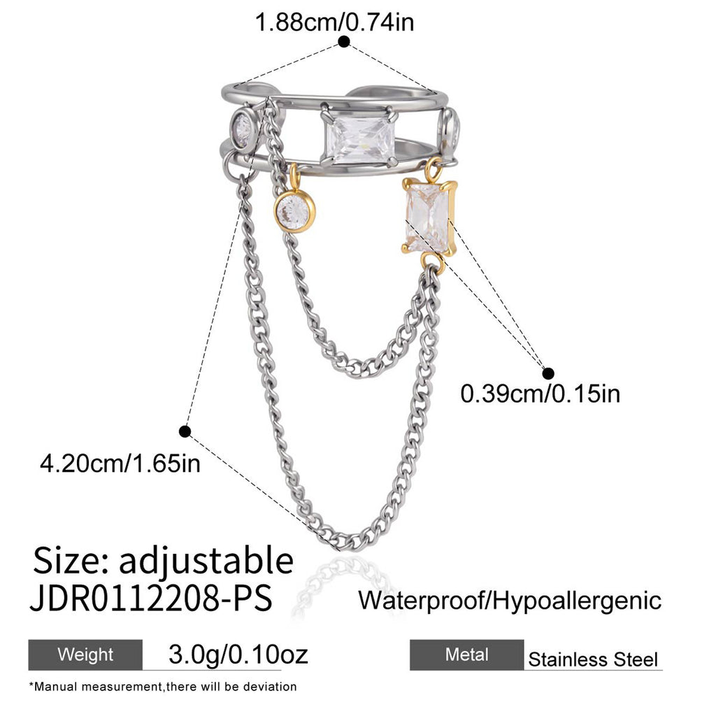 Adjustable stainless steel ring with clear stones and 4.2 cm chain drop