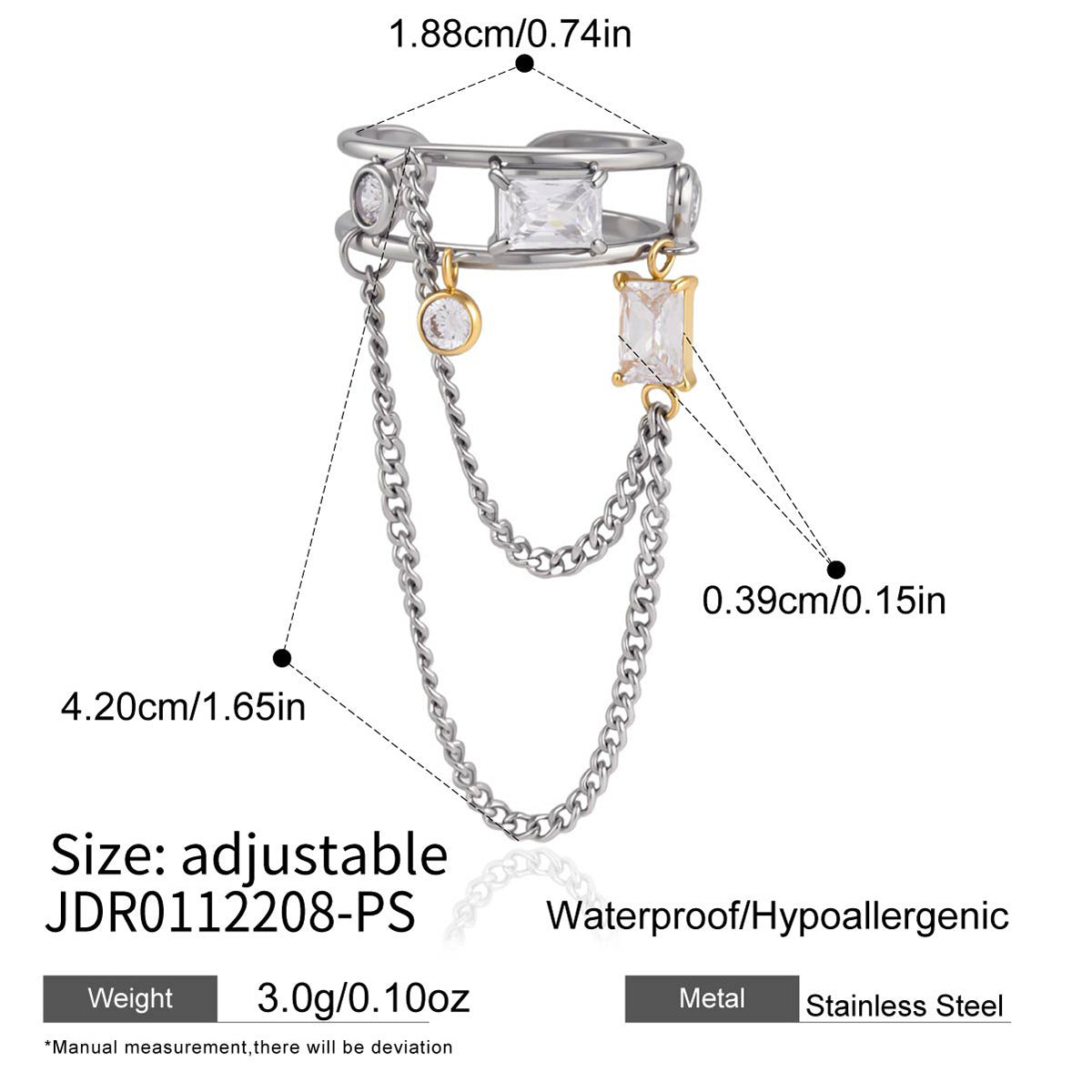 Adjustable stainless steel ring with clear stones and 4.2 cm chain drop