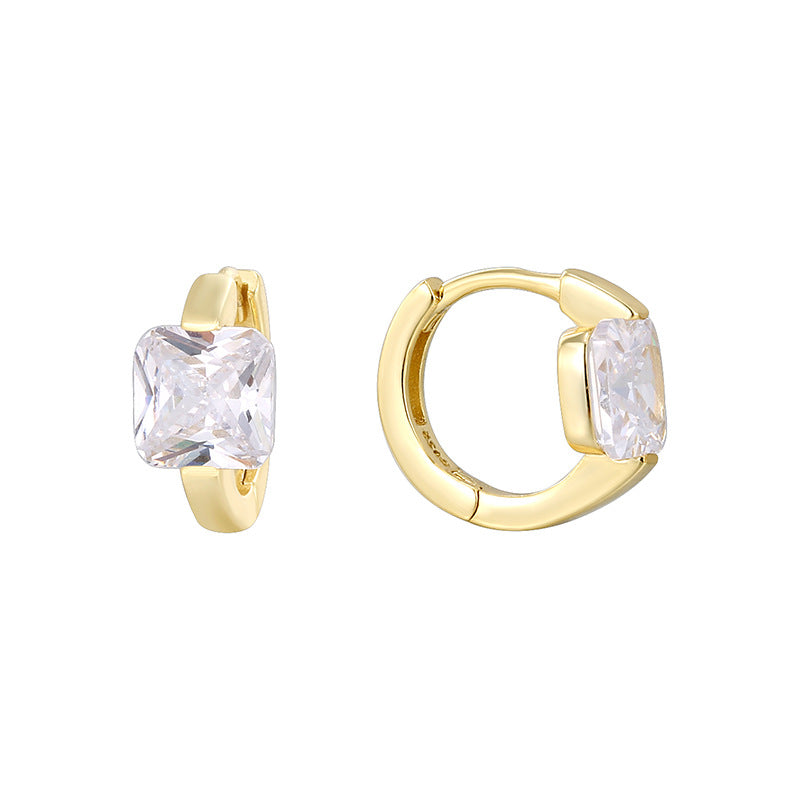 Gold Plated 925 Sterling Silver Square Zirconia Hoop Earrings — front and side profiles