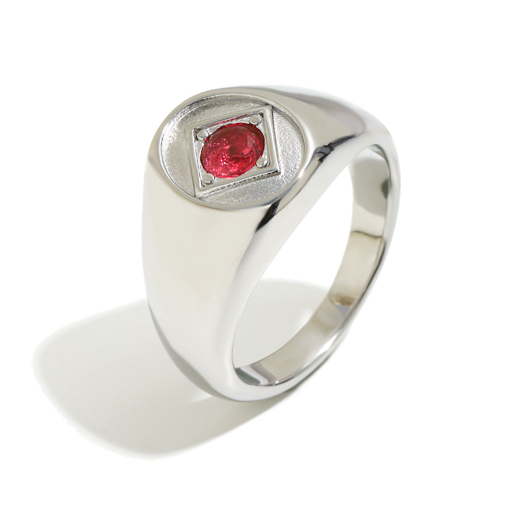 silver-finish stainless steel signet ring with round red stone