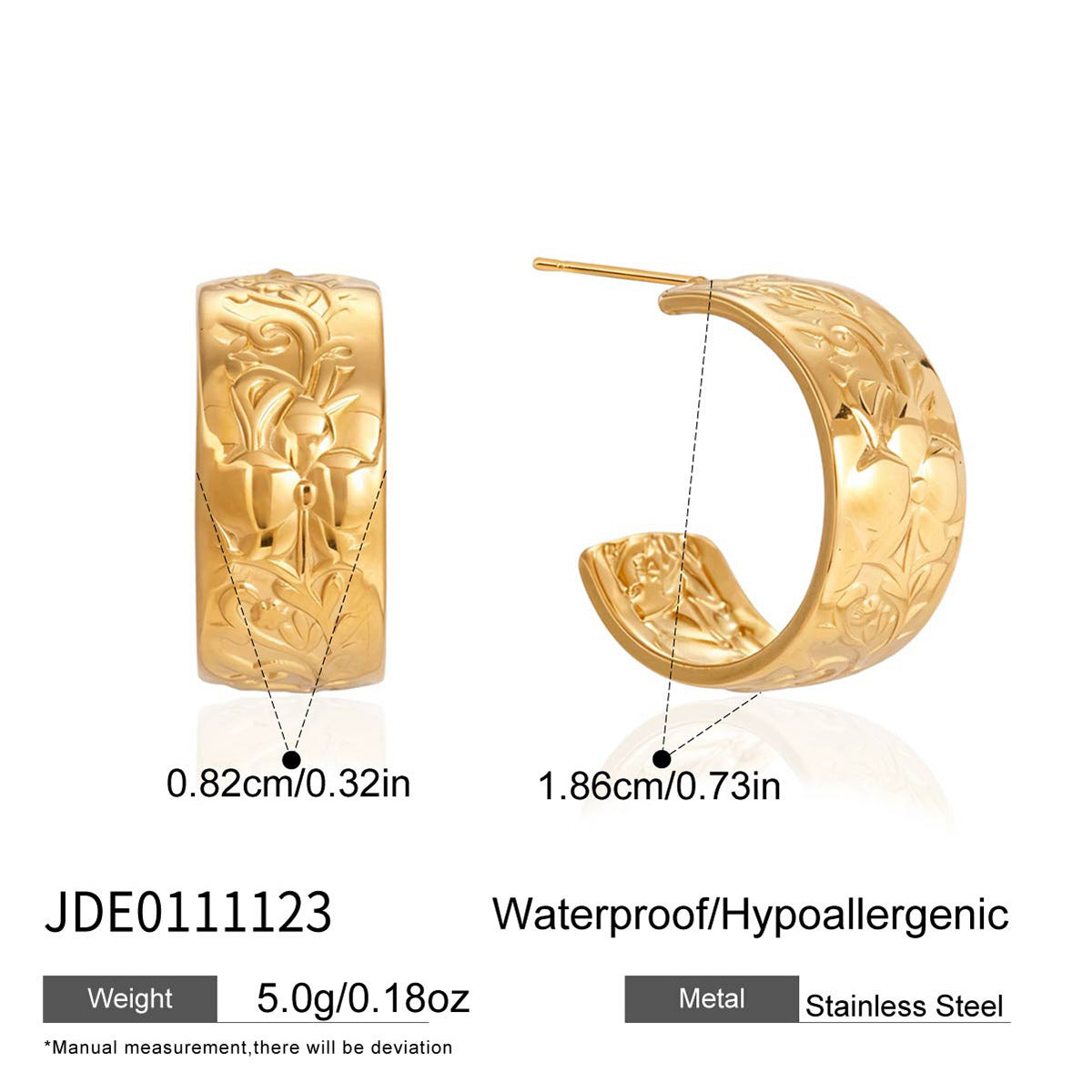 supplier dimensions for gold plated stainless steel floral wide hoop earrings