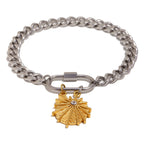 Curb bracelet showing front clasp and charm