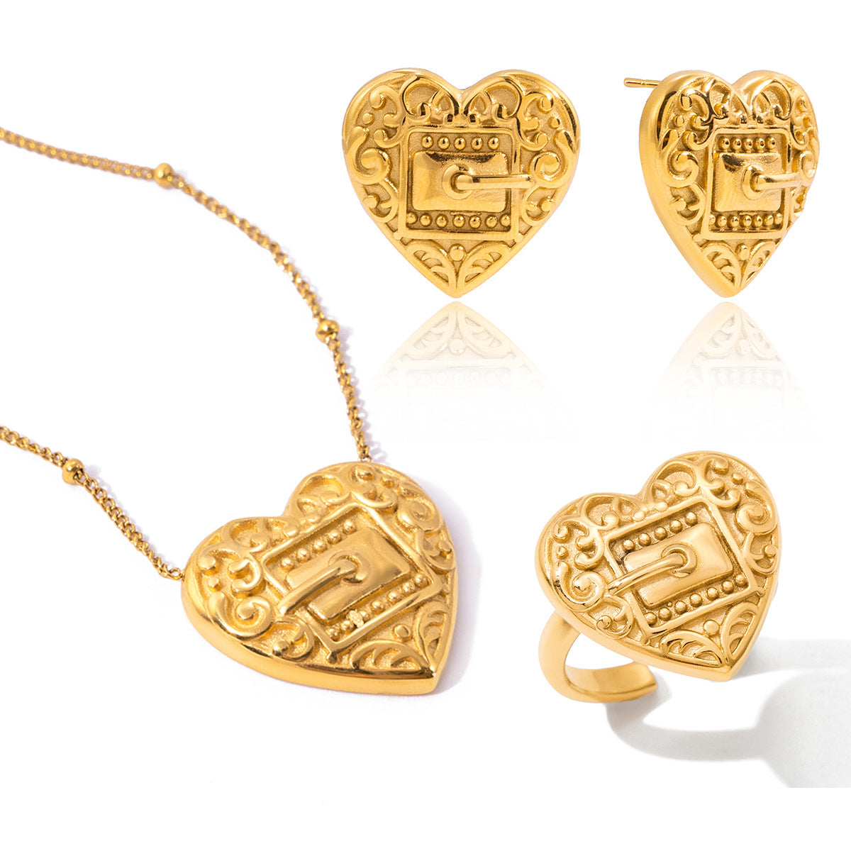 Heart earrings necklace and ring collection front view