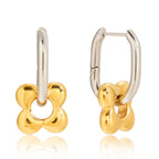 Two-Tone Floral Charm Stainless Steel Huggie Earrings — close-up of the flower charm