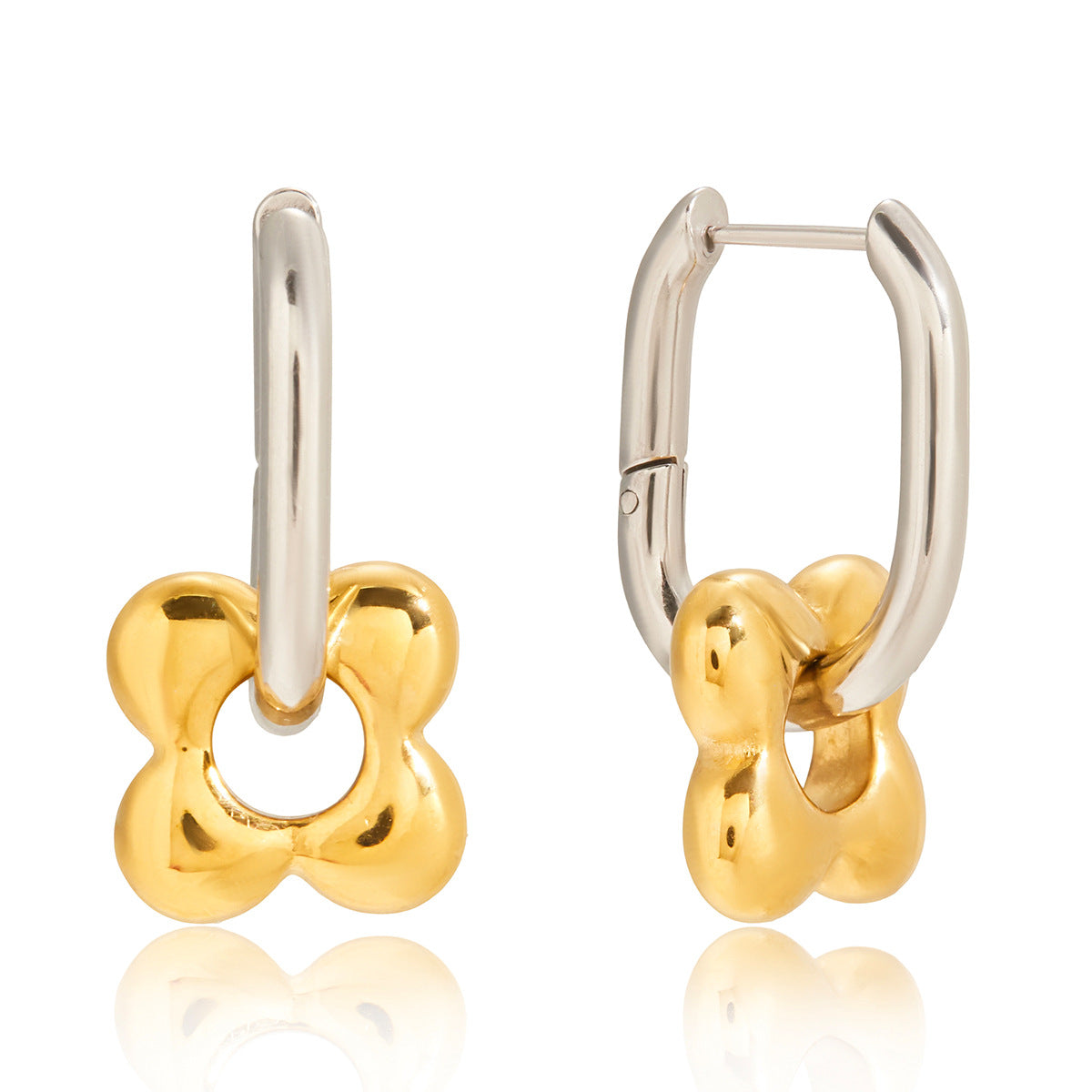 Two-Tone Floral Charm Stainless Steel Huggie Earrings — close-up of the flower charm