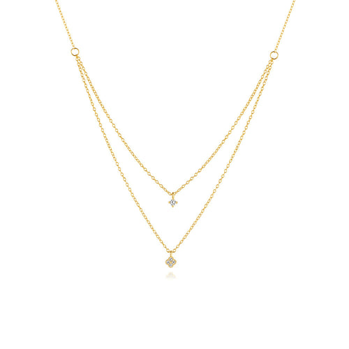 gold plated 925 silver layered necklace with two clear zirconia clovers
