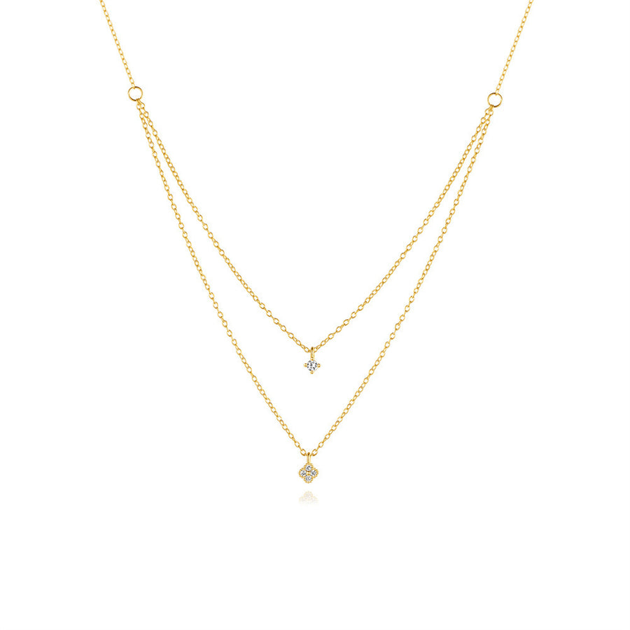 gold plated 925 silver layered necklace with two clear zirconia clovers