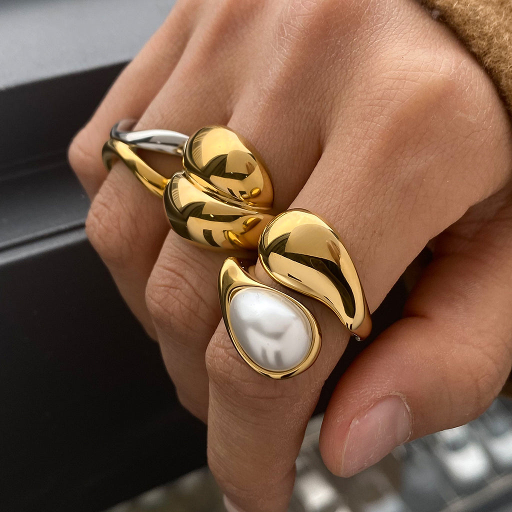 Wholesale Gold-Tone Stainless Steel Sculptural Open Ring Collection - styled view