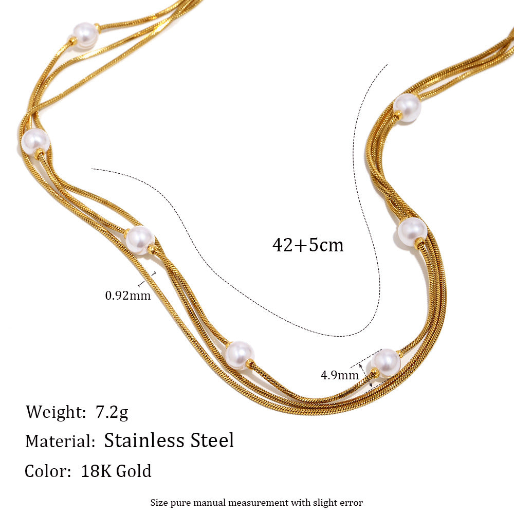 Triple snake-chain necklace with bead and length dimensions