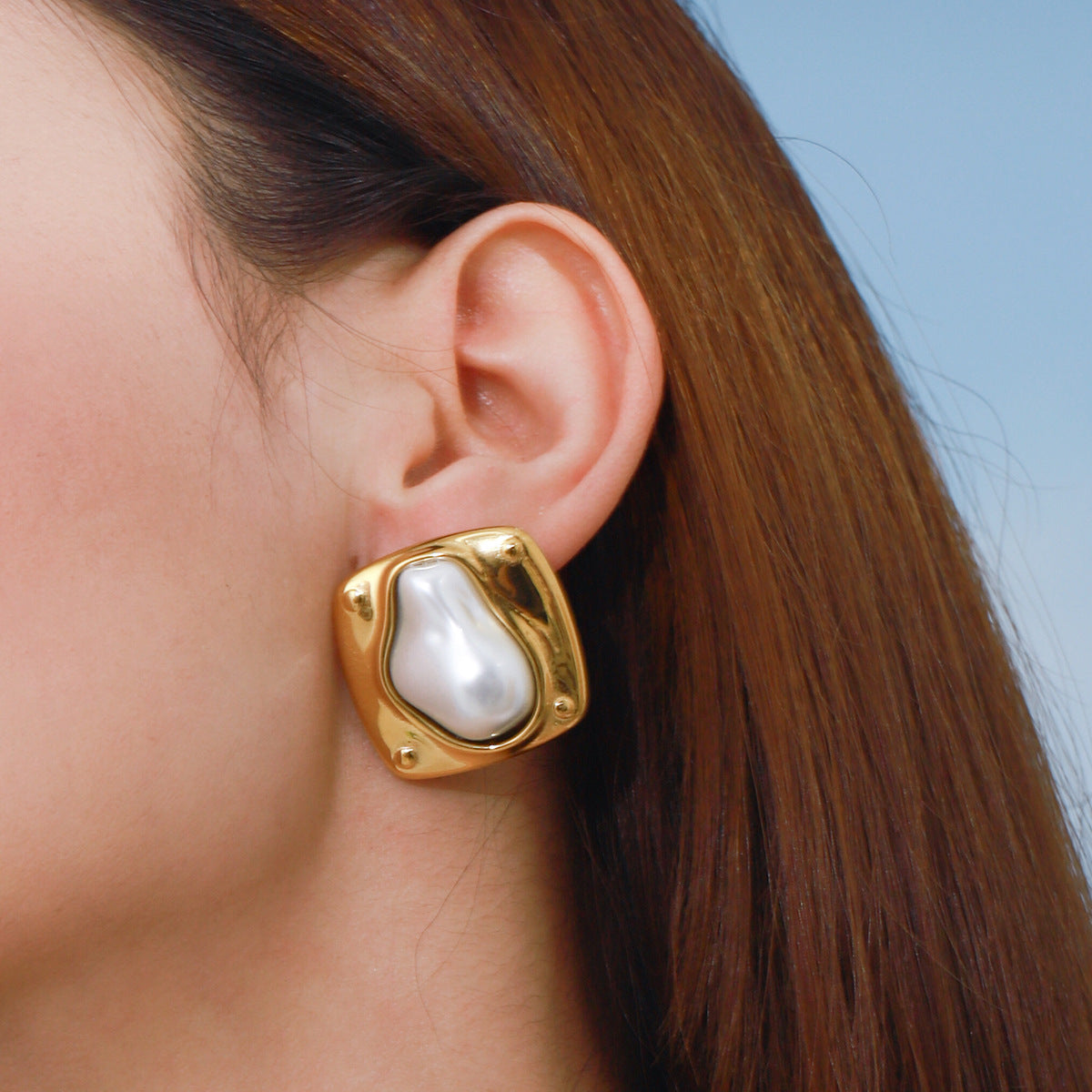 Wholesale Gold-Tone Stainless Steel Pearl Stud Earrings - styled view