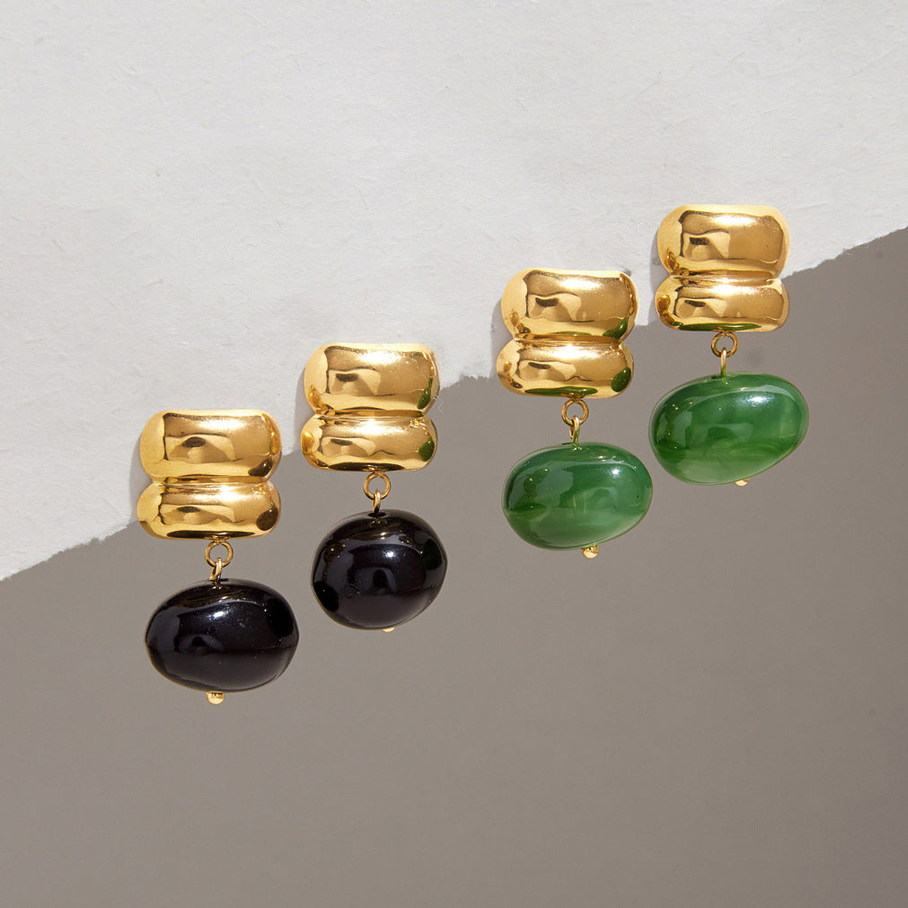 Black and green resin bead earrings with ridged gold finish studs