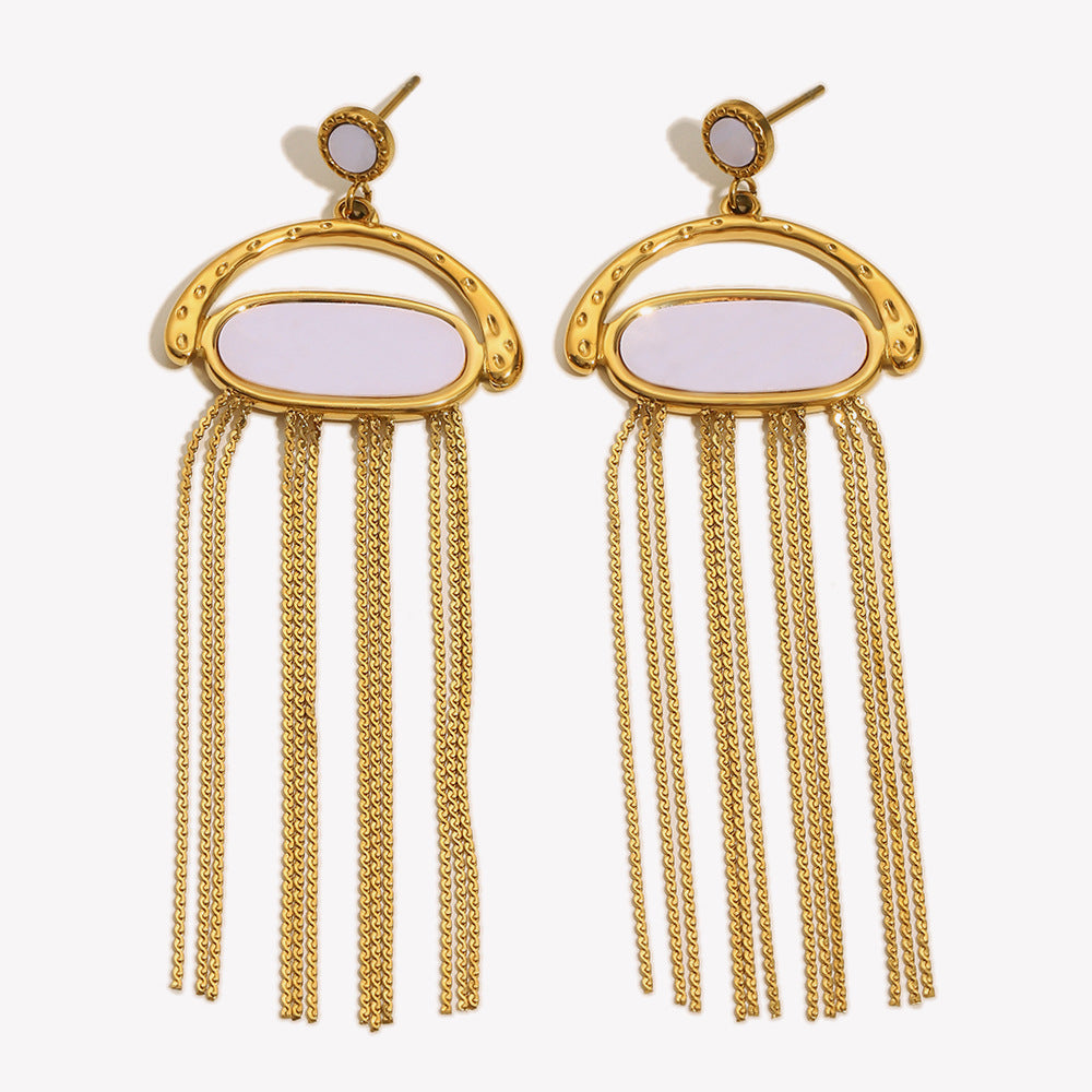 stainless steel shell earrings with long gold plated chain fringe on white