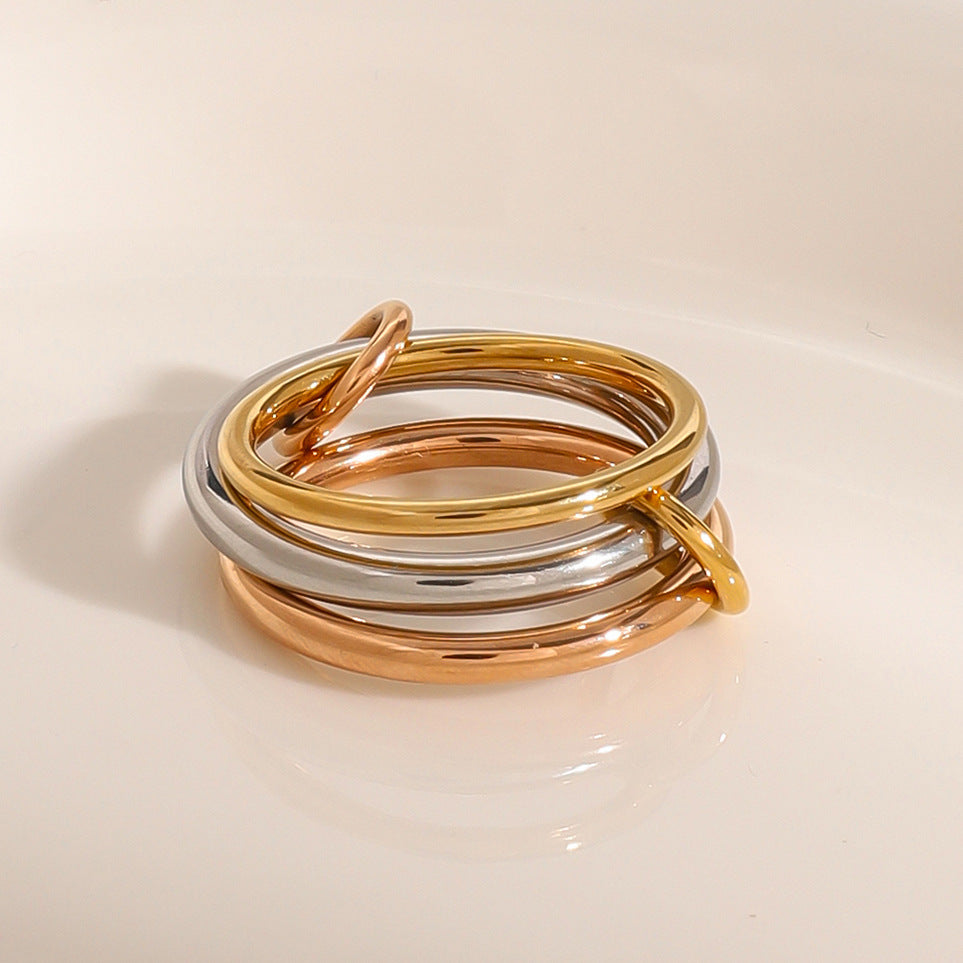 Mixed-Finish Interlocking Stainless Steel Stackable Ring on-model view
