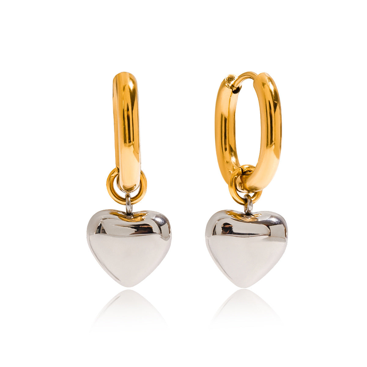 Stainless Steel Heart Earring Collection in Mixed Finishes finish and shape detail