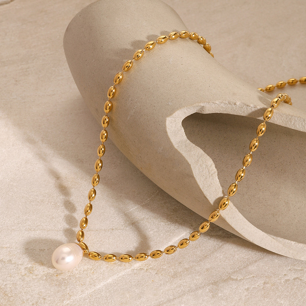 Gold-Tone Pearl-Look Stainless Steel Necklace Collection on-model view