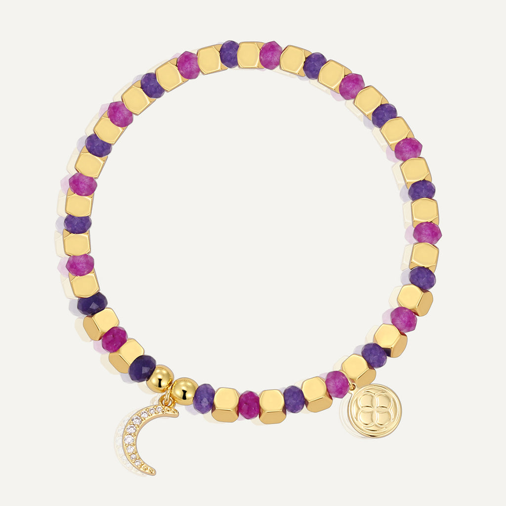 gold plated crescent moon bracelet with purple and magenta beads
