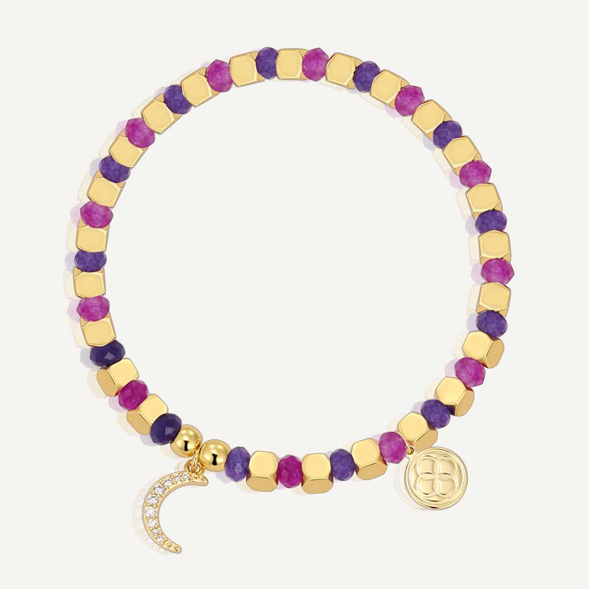 gold plated crescent moon bracelet with purple and magenta beads