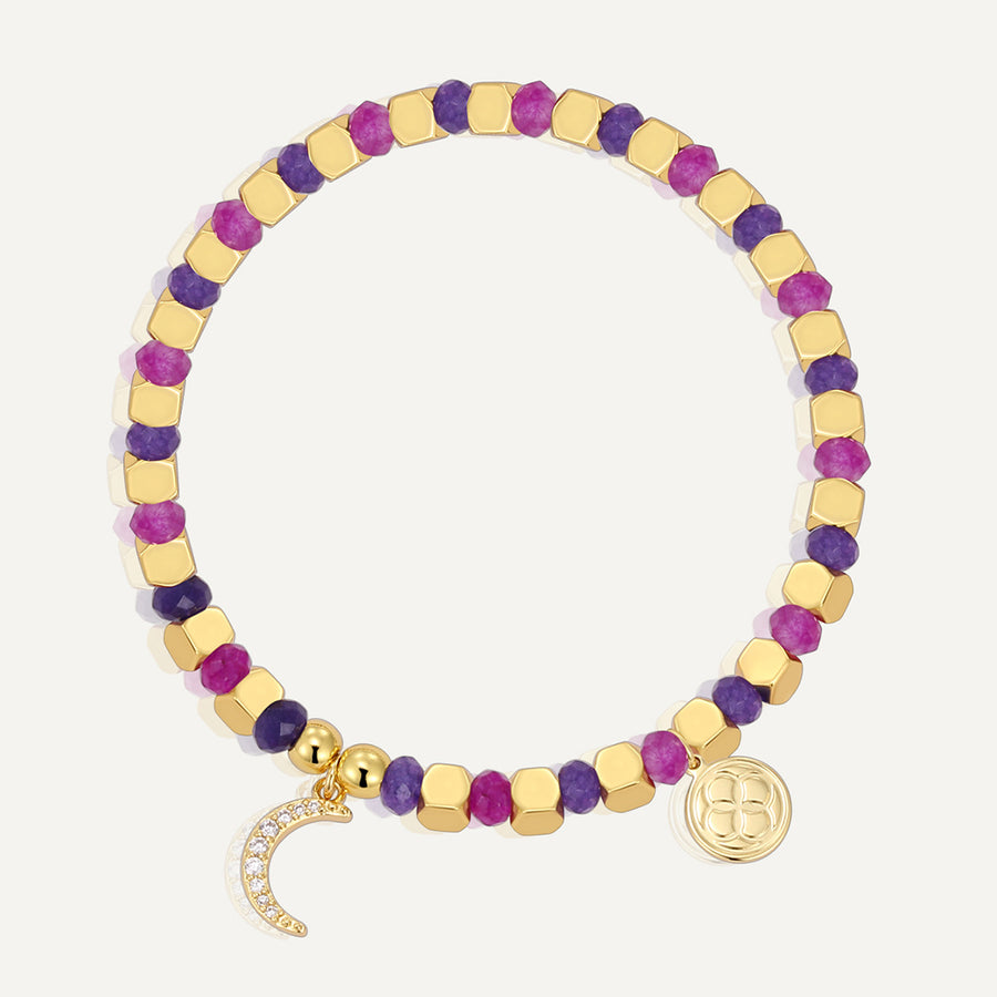 gold plated crescent moon bracelet with purple and magenta beads