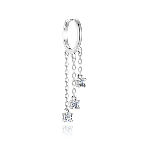 isolated silver huggie earring with three moissanite chain drops