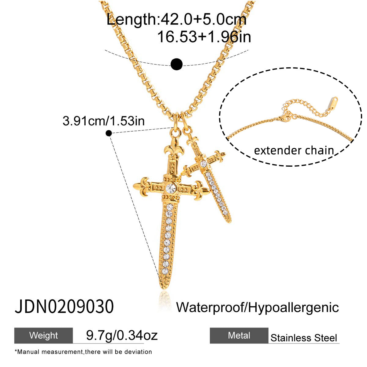 Necklace with two slender cross pendants and extension chain detail