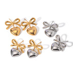 Stainless Steel Bow Heart Drop Earrings in Two Finishes – product view 4