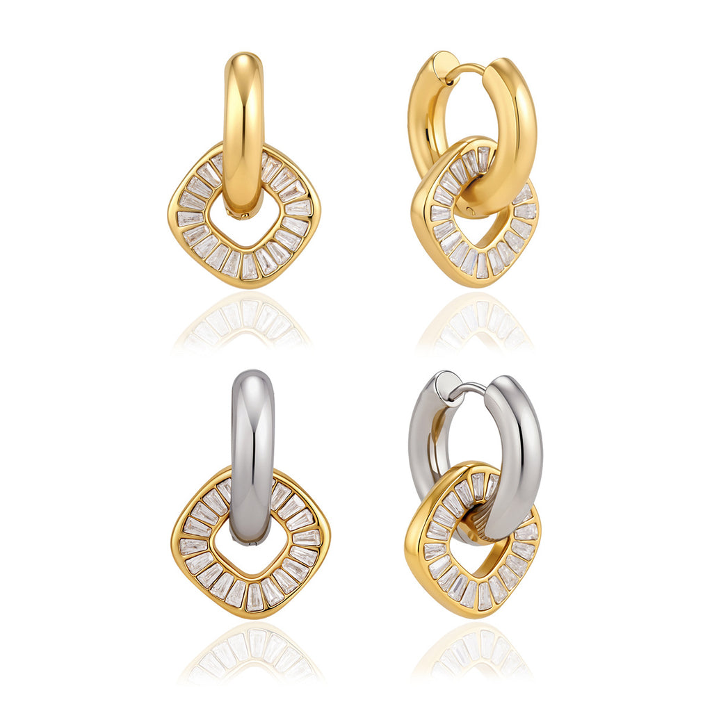 Two color versions of open disc drop earrings