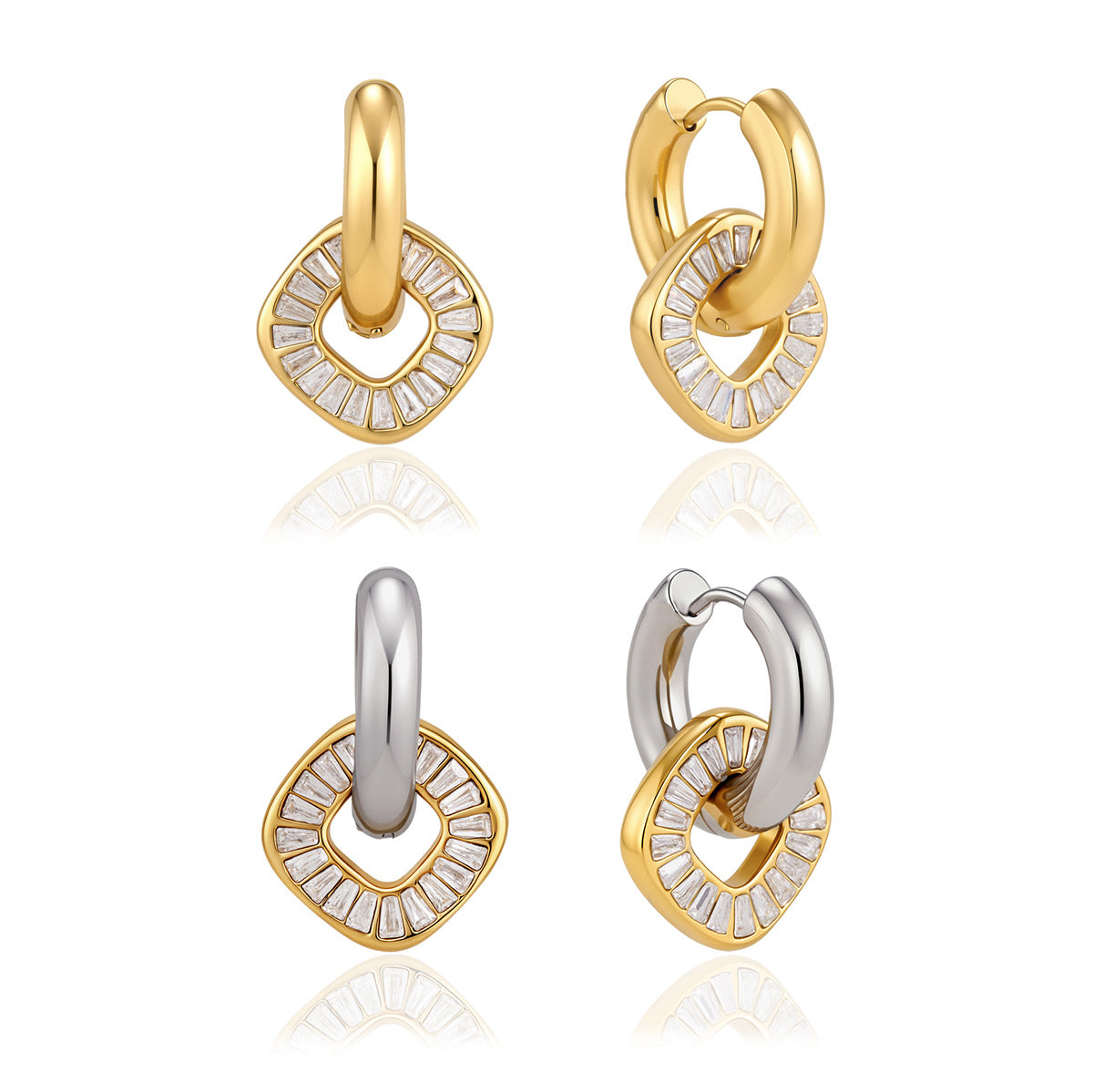 Two color versions of open disc drop earrings