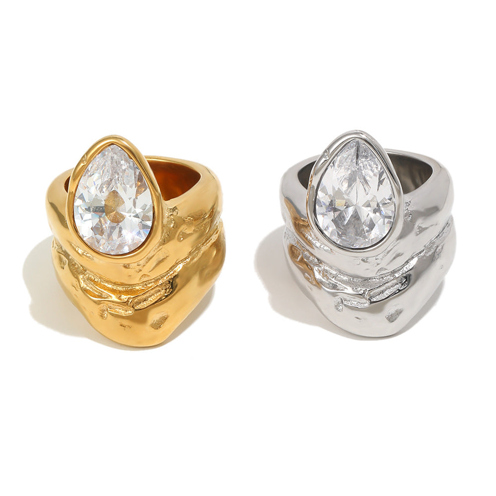 front view of the two pear-cut clear stone ring finishes