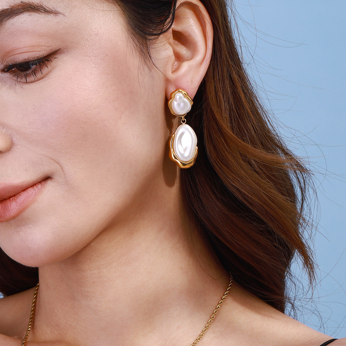 Gold-Tone Pearl-Look Stainless Steel Drop Earrings – product view 1