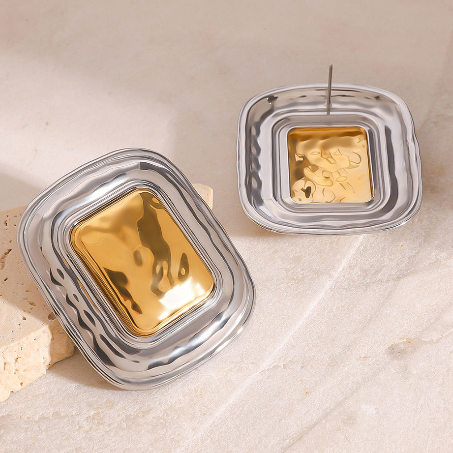 Two-Tone Hammered Square Stainless Steel Statement Stud Earrings styled product view