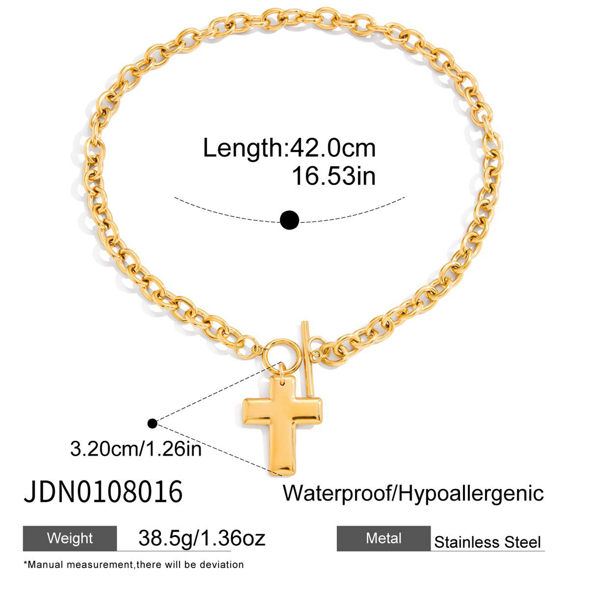 Open-link necklace with a plain cross and toggle fastening