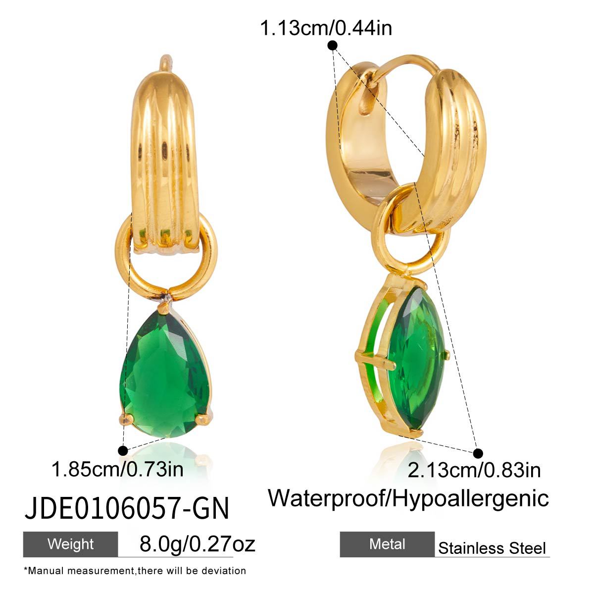 Teardrop green accent stainless steel huggie earrings