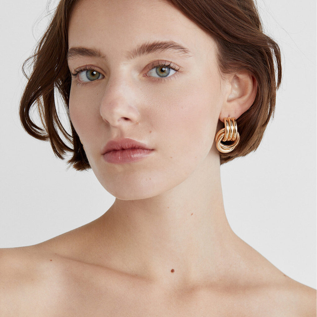 Gold Plated and Silver-Finish Stainless Steel Layered Loop Stud Earrings — front view