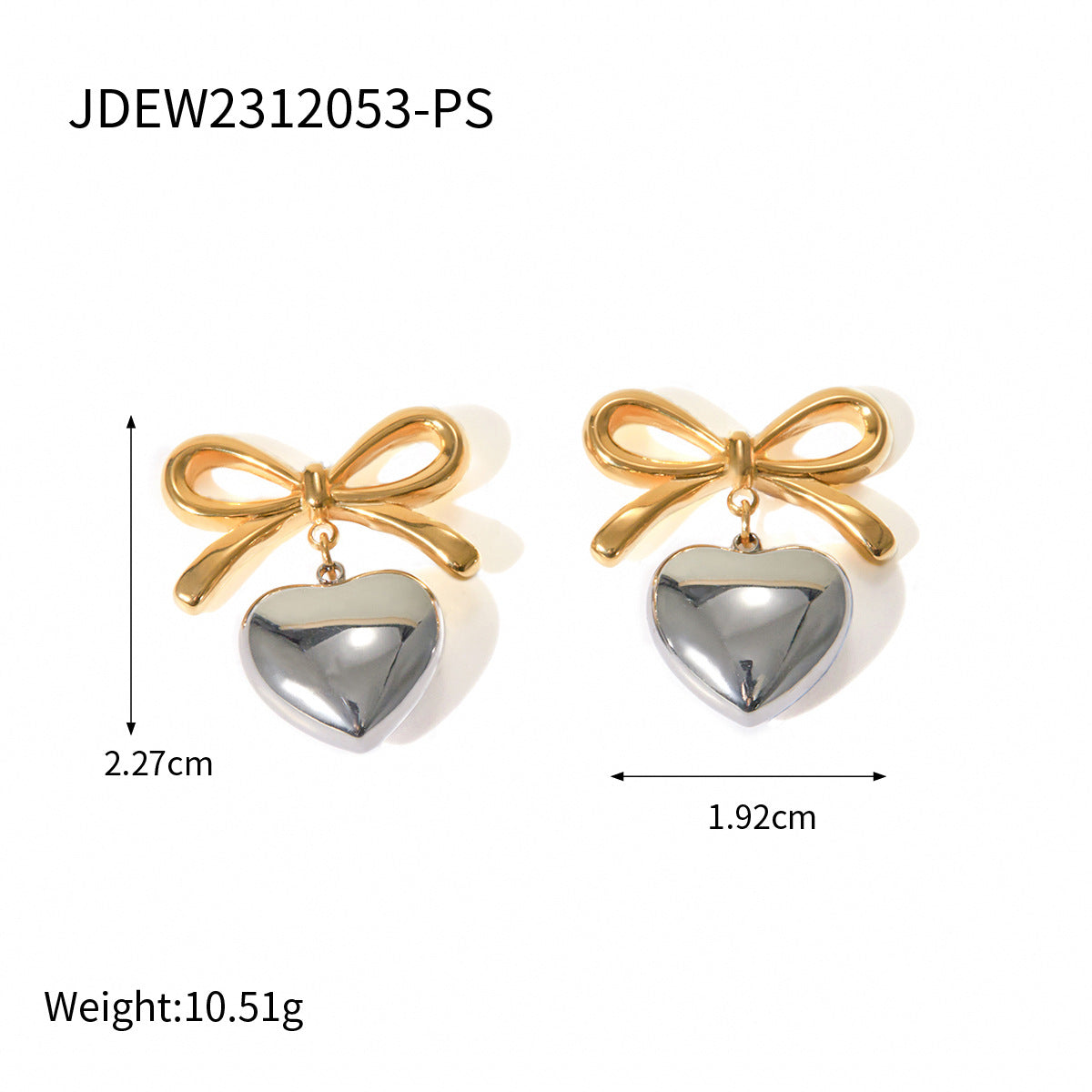Stainless Steel Bow Heart Drop Earrings in Two Finishes – product view 5