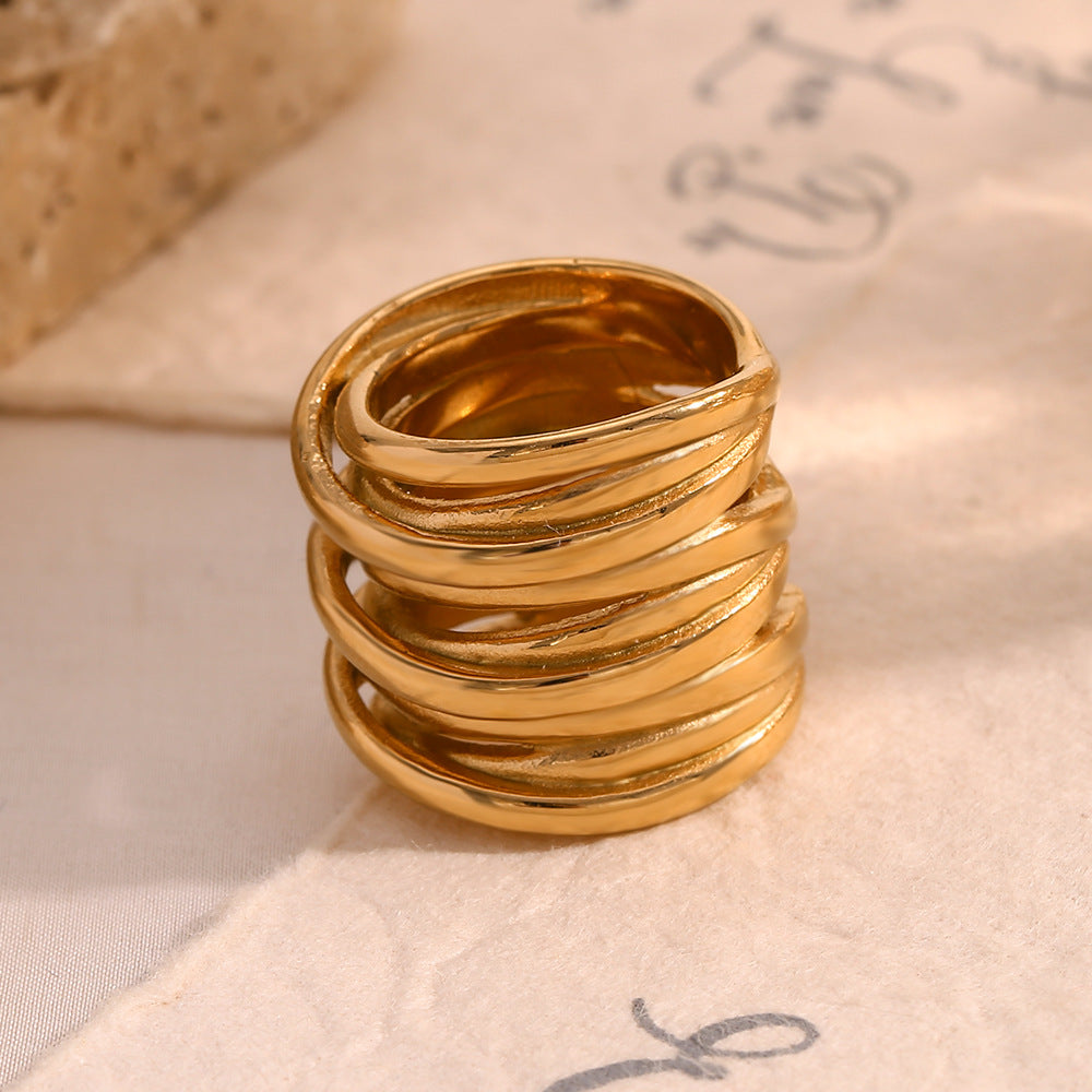 gold plated multi-row wrapped stainless steel statement ring