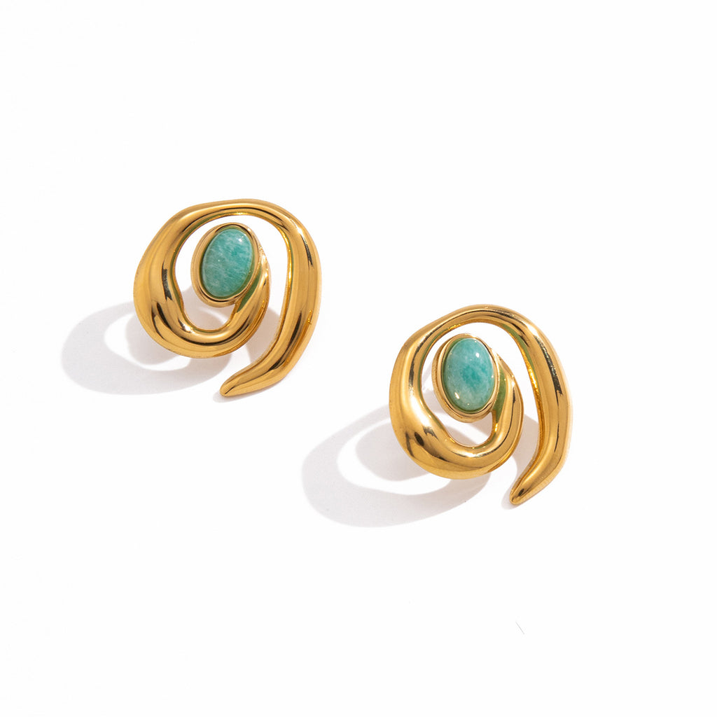 Open spiral stud earrings with green oval accents