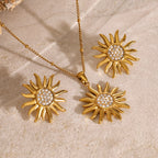 Sunburst pendant necklace and reference earrings displayed on stone