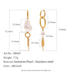 Gold plated mismatched pearl earrings with dimensions