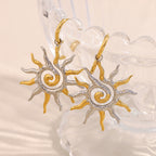 gold plated hoop earrings with silver and gold sunburst pendants