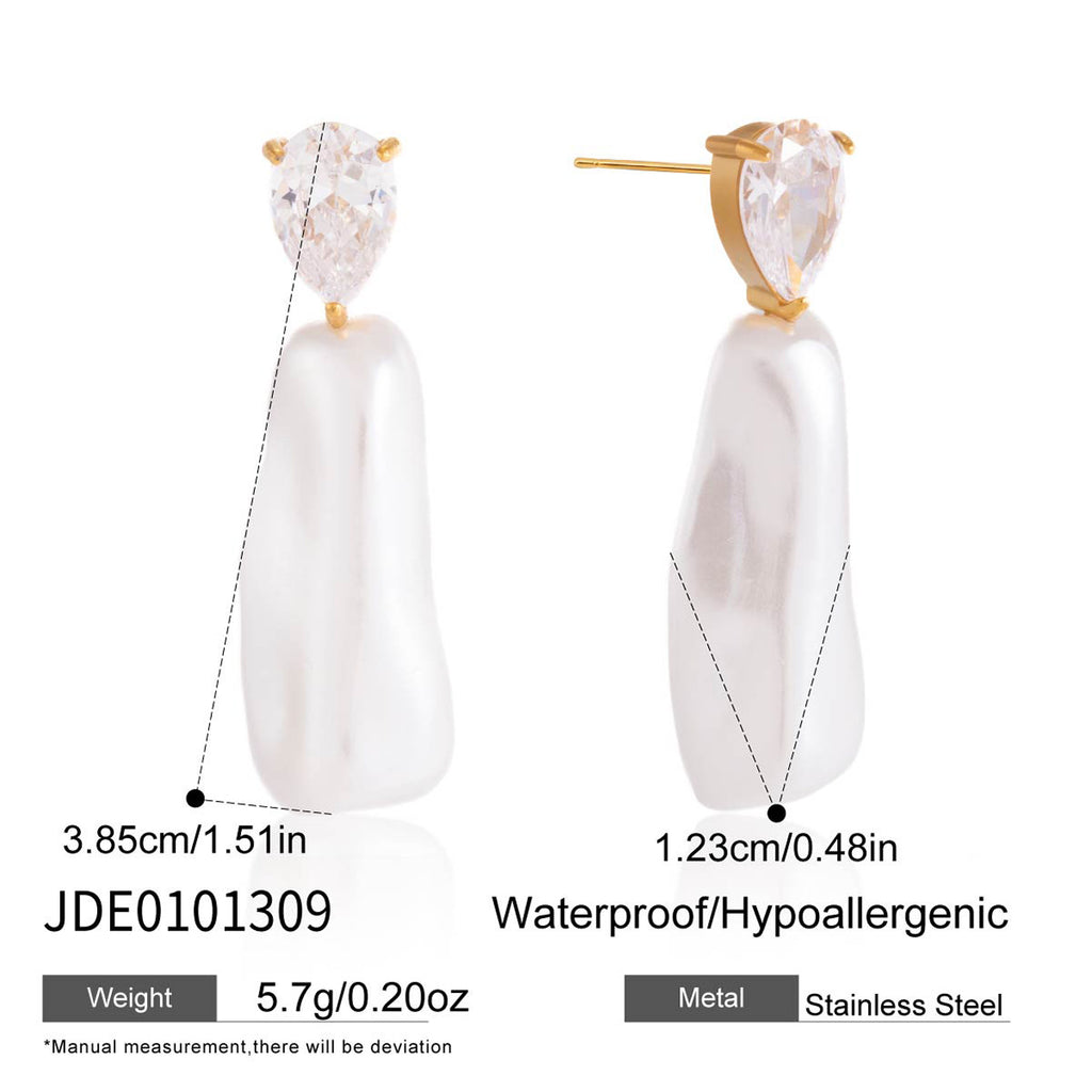 Elongated white drop earrings with size annotations
