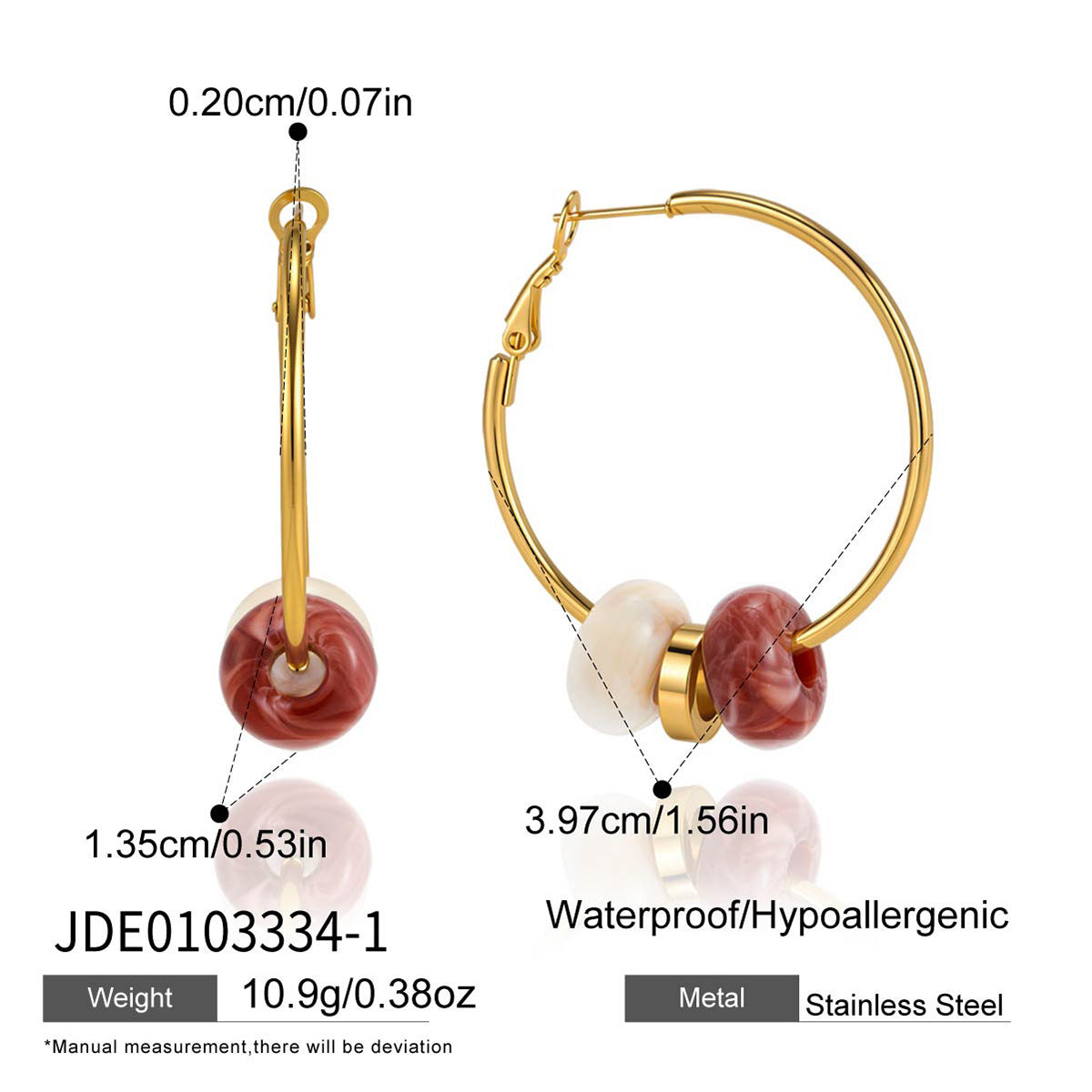 Burgundy and white bead hoop front and side dimensions