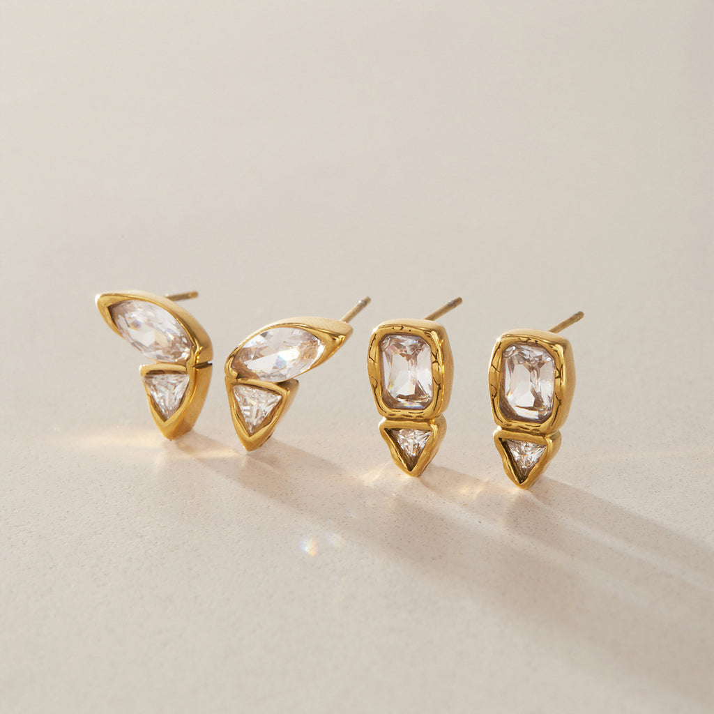 Two geometric zirconia stud designs displayed together