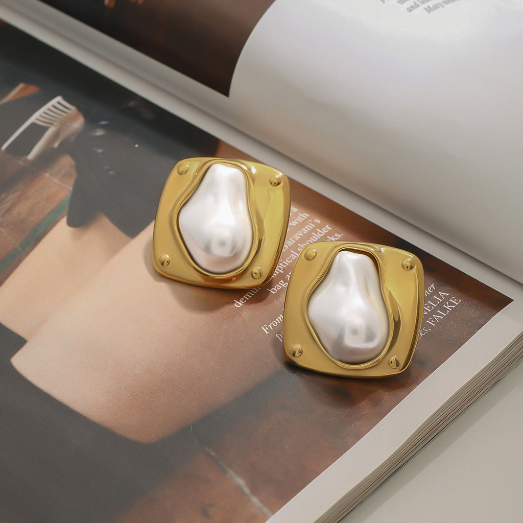 Wholesale Gold-Tone Stainless Steel Pearl Stud Earrings - front view