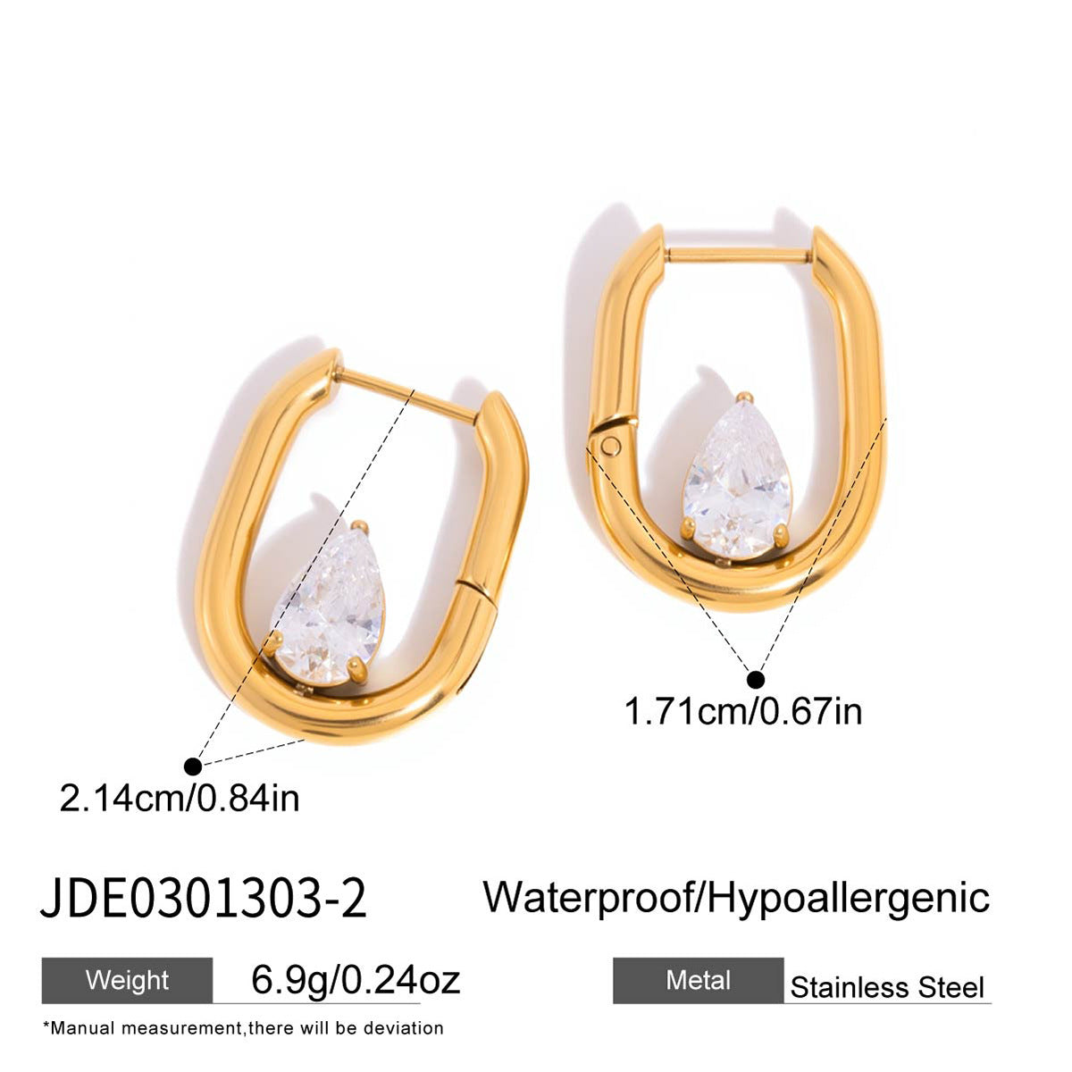 Pear-shaped stone U-hoops with size guide