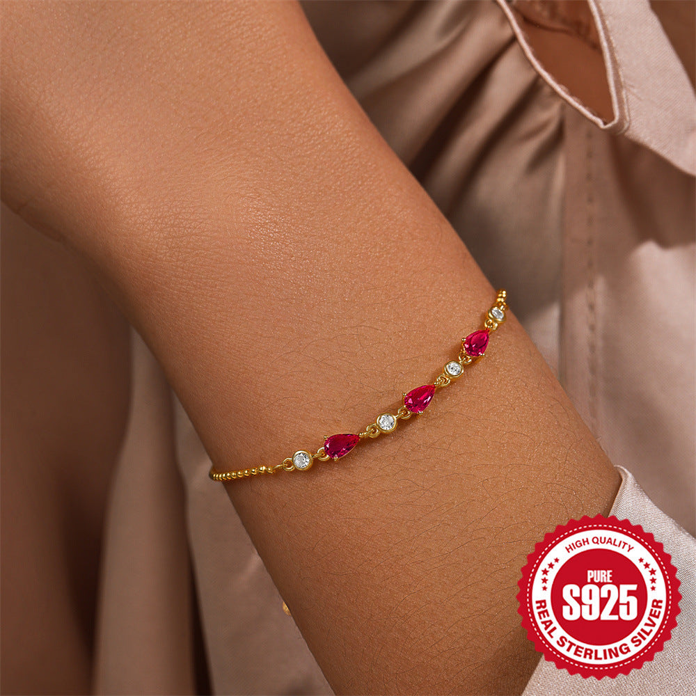 Gold Plated 925 Sterling Silver Teardrop Zirconia Bracelet — pink stone bracelet worn on wrist