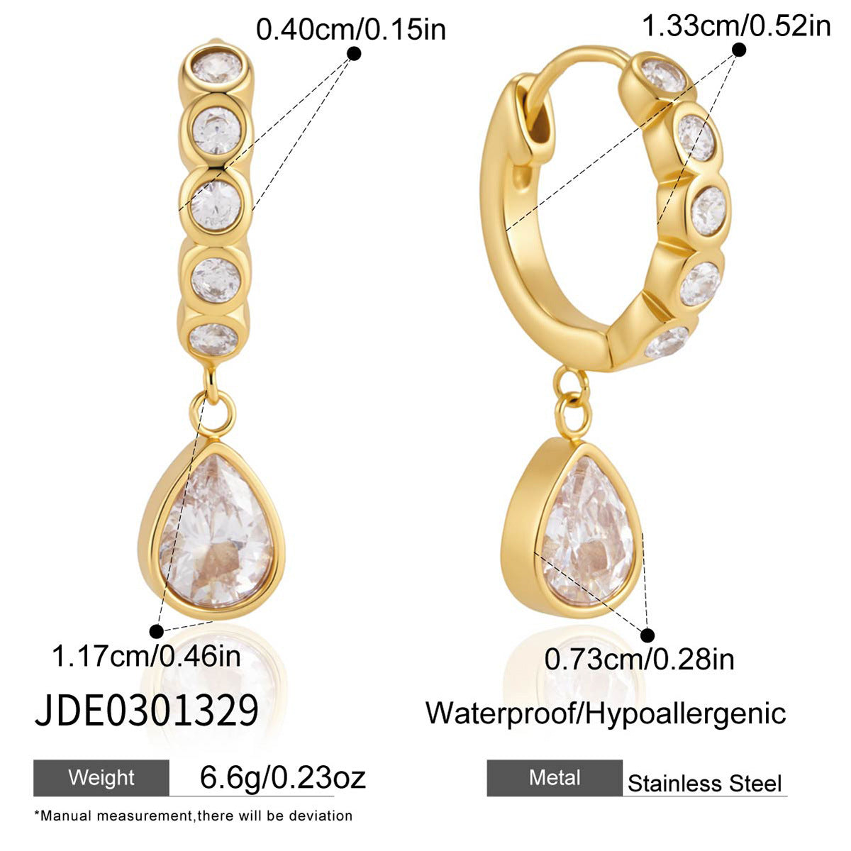 Gold tone stainless steel huggie with hanging clear teardrop