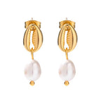 Shell white bead drop earrings close-up