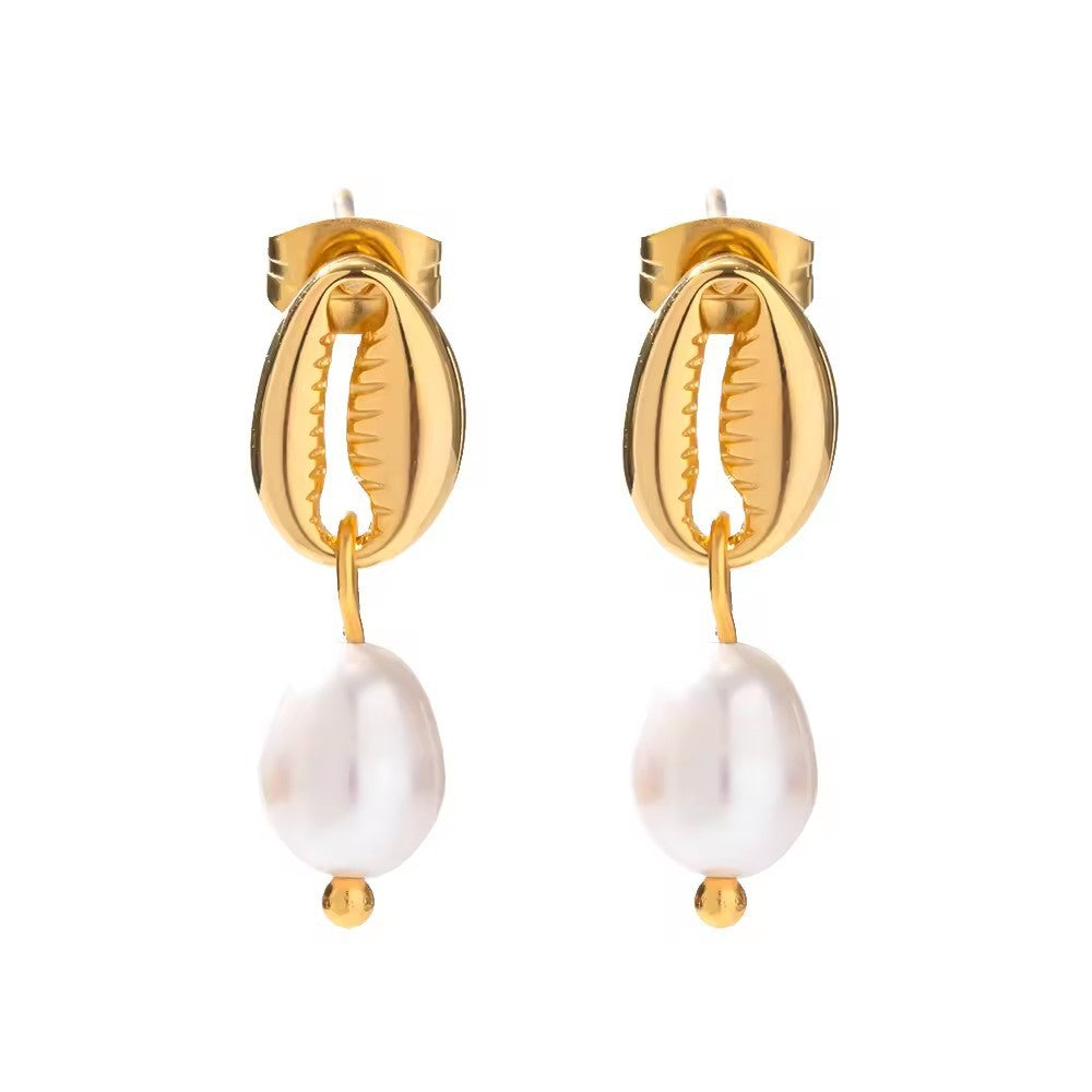 Shell white bead drop earrings close-up