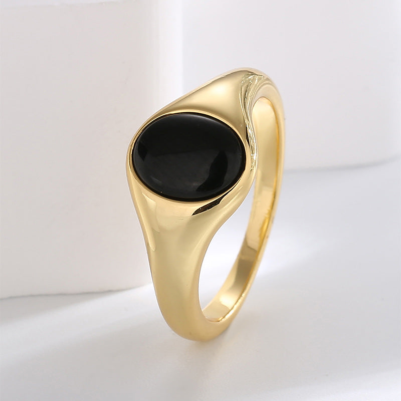 upright view of the black resin oval signet ring